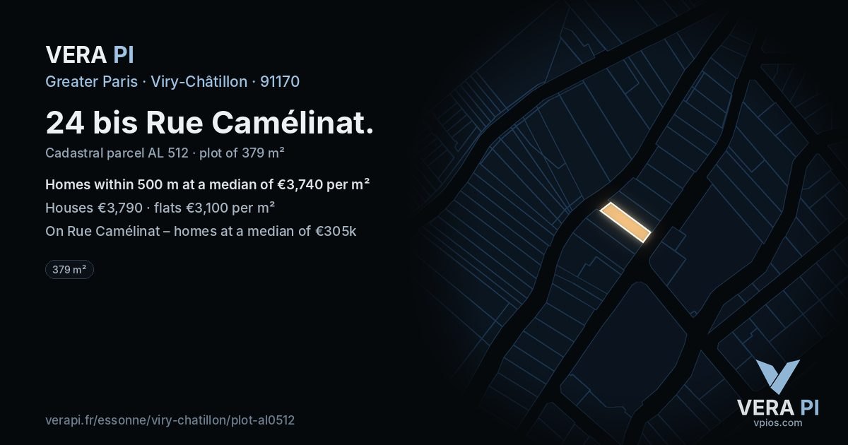 24 bis Rue Camélinat, Viry-Châtillon at night – the plot lit, the parcels around coloured by the prices near them