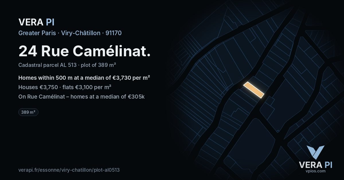 24 Rue Camélinat, Viry-Châtillon at night – the plot lit, the parcels around coloured by the prices near them