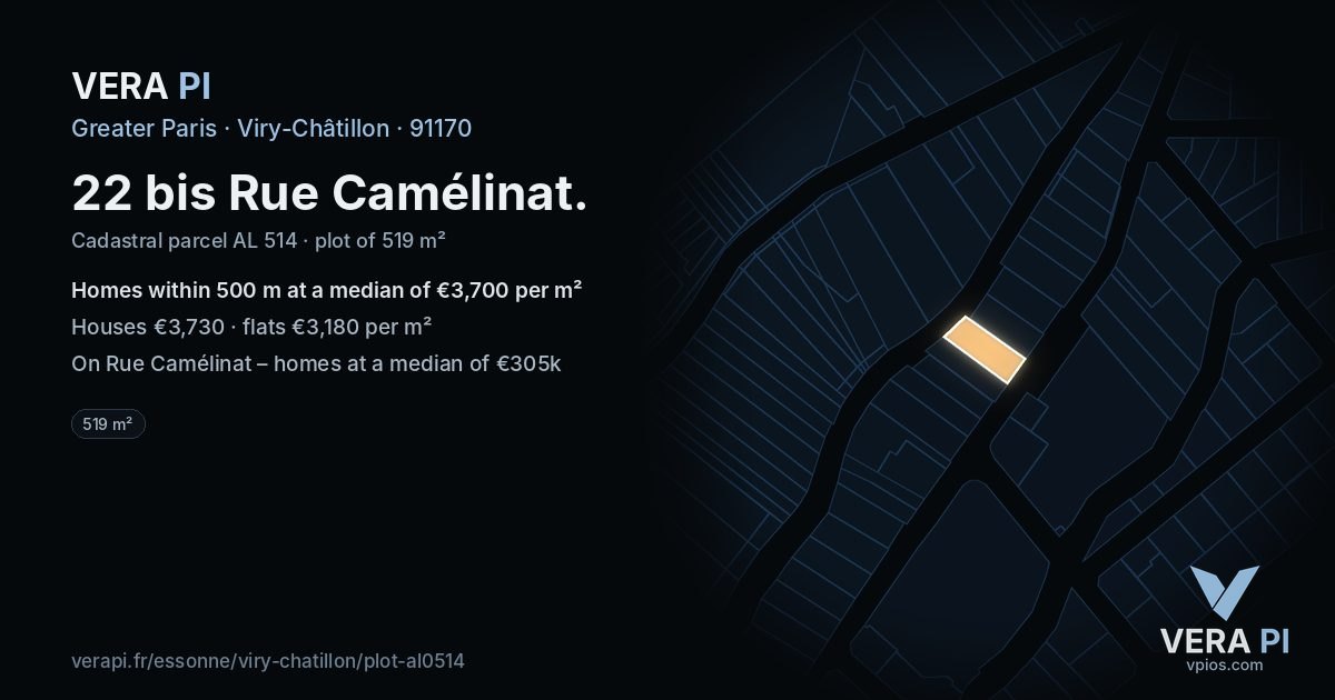 22 bis Rue Camélinat, Viry-Châtillon at night – the plot lit, the parcels around coloured by the prices near them