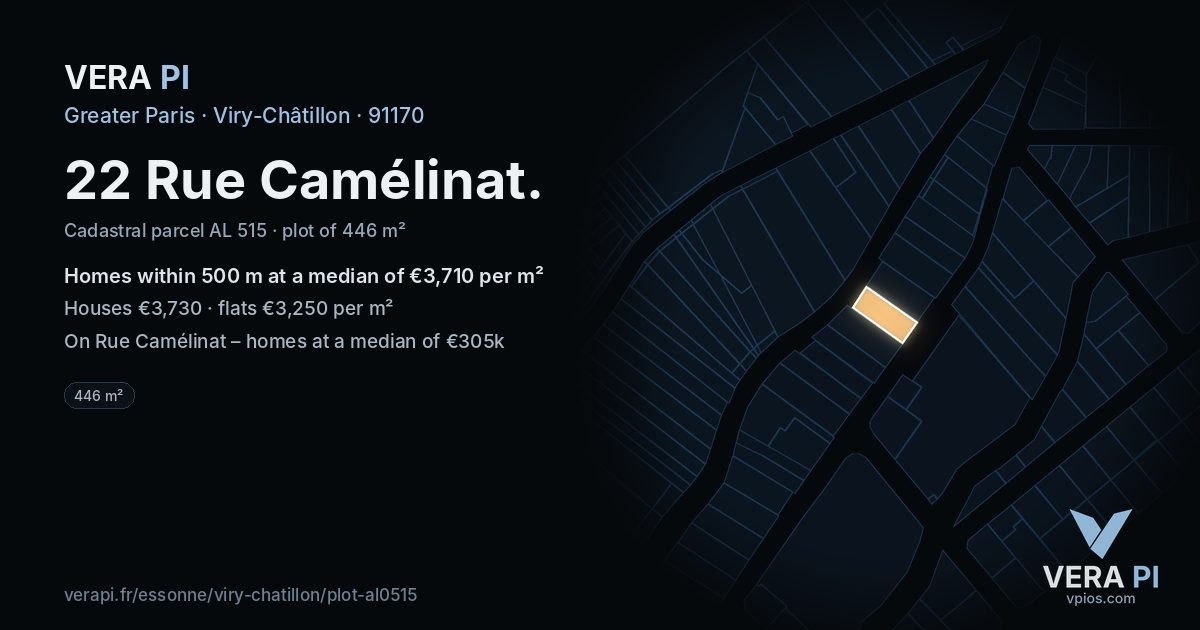 22 Rue Camélinat, Viry-Châtillon at night – the plot lit, the parcels around coloured by the prices near them