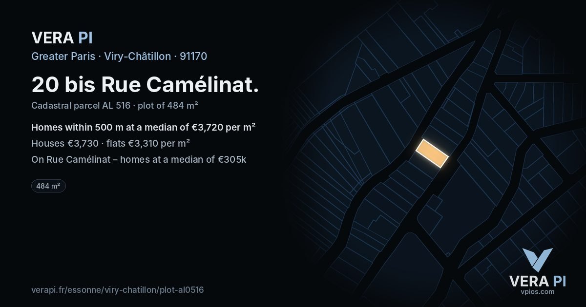 20 bis Rue Camélinat, Viry-Châtillon at night – the plot lit, the parcels around coloured by the prices near them