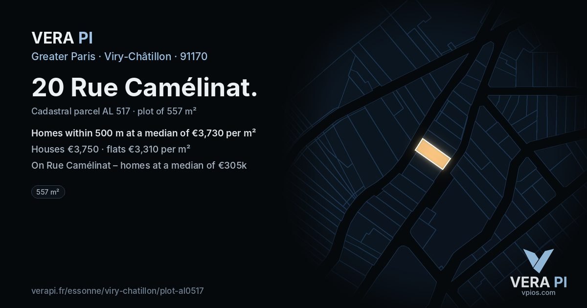 20 Rue Camélinat, Viry-Châtillon at night – the plot lit, the parcels around coloured by the prices near them