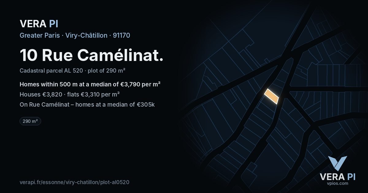 10 Rue Camélinat, Viry-Châtillon at night – the plot lit, the parcels around coloured by the prices near them