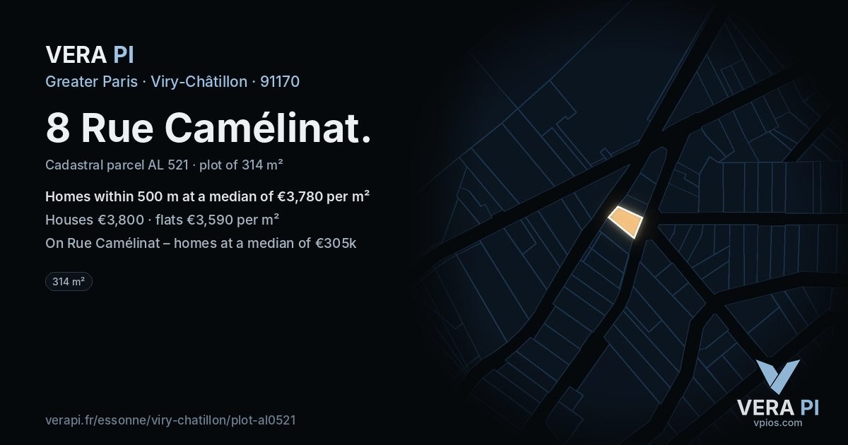 8 Rue Camélinat, Viry-Châtillon at night – the plot lit, the parcels around coloured by the prices near them