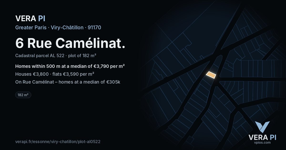 6 Rue Camélinat, Viry-Châtillon at night – the plot lit, the parcels around coloured by the prices near them