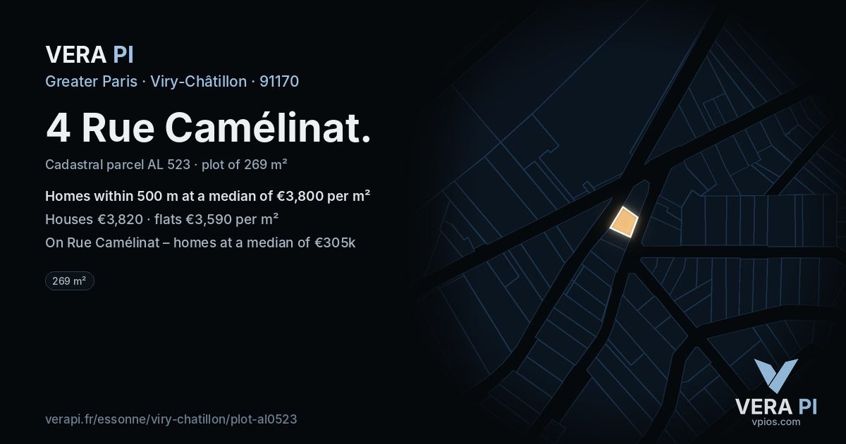 4 Rue Camélinat, Viry-Châtillon at night – the plot lit, the parcels around coloured by the prices near them
