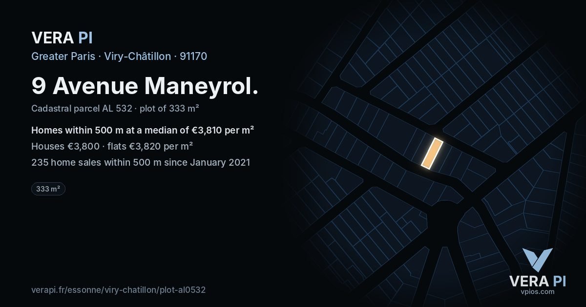9 Avenue Maneyrol, Viry-Châtillon at night – the plot lit, the parcels around coloured by the prices near them