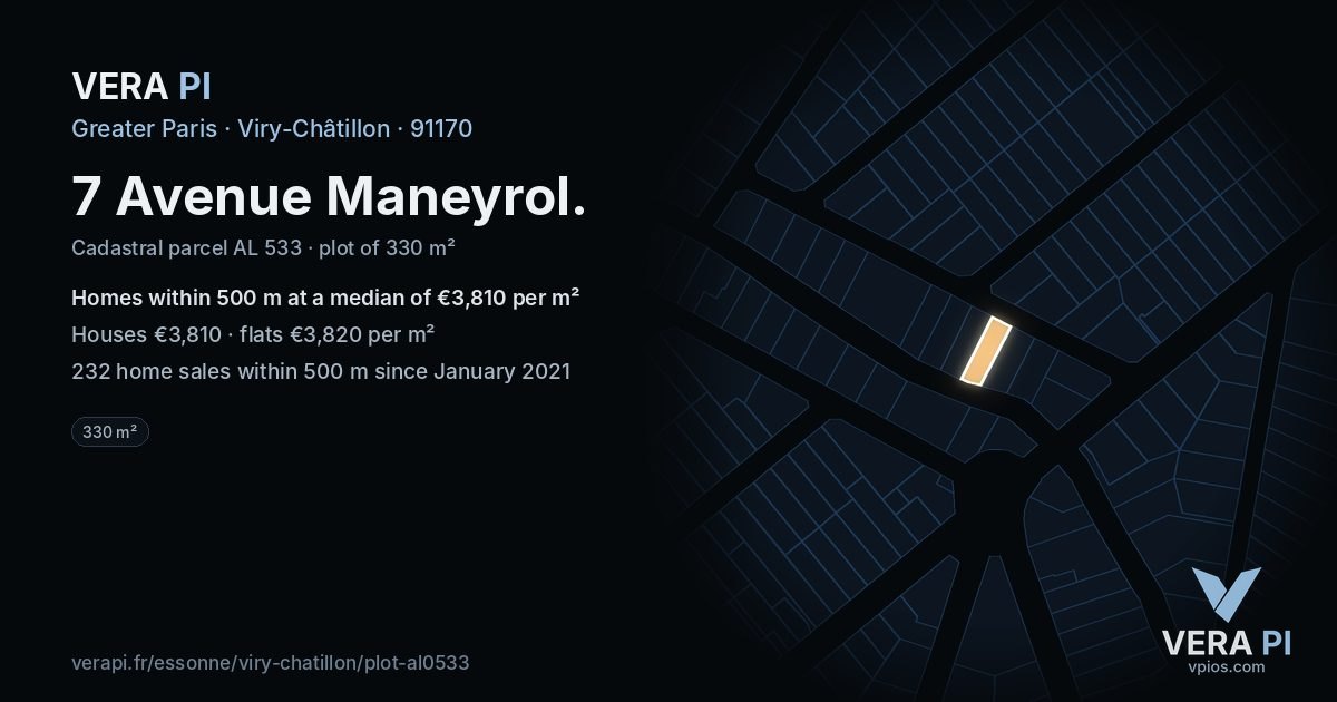 7 Avenue Maneyrol, Viry-Châtillon at night – the plot lit, the parcels around coloured by the prices near them