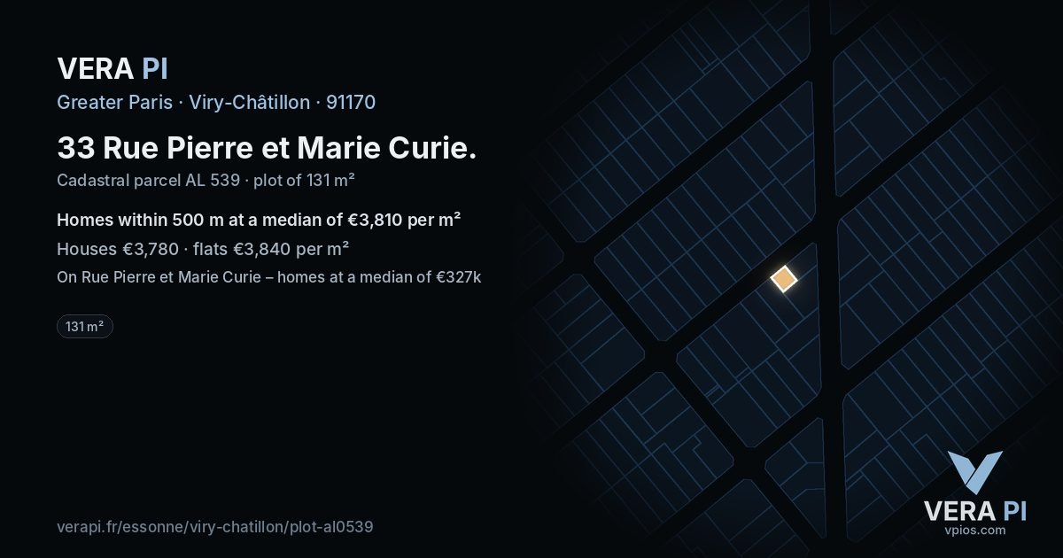 33 Rue Pierre et Marie Curie, Viry-Châtillon at night – the plot lit, the parcels around coloured by the prices near them