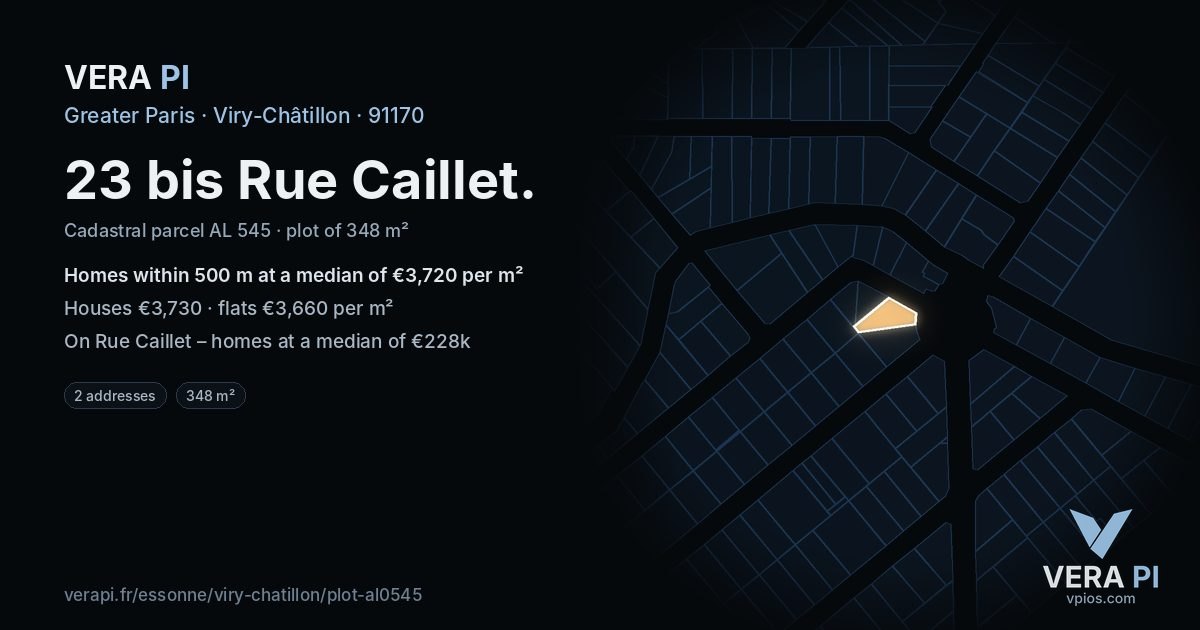 23 bis Rue Caillet, Viry-Châtillon at night – the plot lit, the parcels around coloured by the prices near them