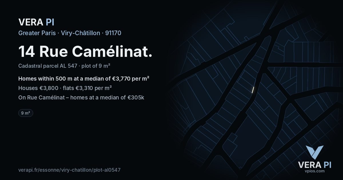 14 Rue Camélinat, Viry-Châtillon at night – the plot lit, the parcels around coloured by the prices near them