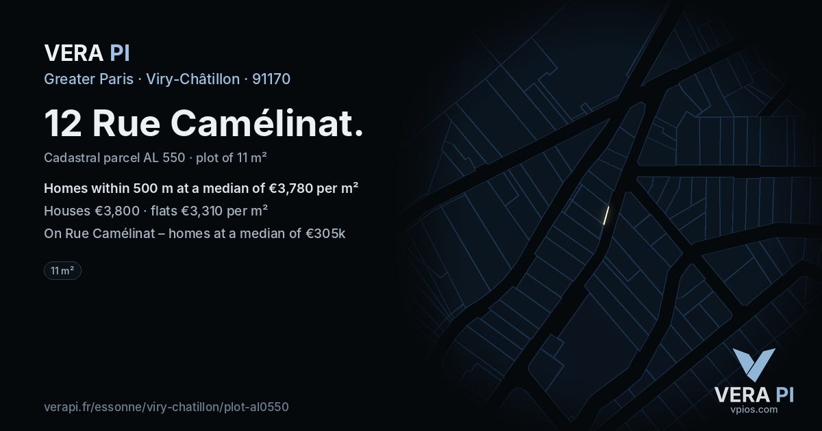 12 Rue Camélinat, Viry-Châtillon at night – the plot lit, the parcels around coloured by the prices near them