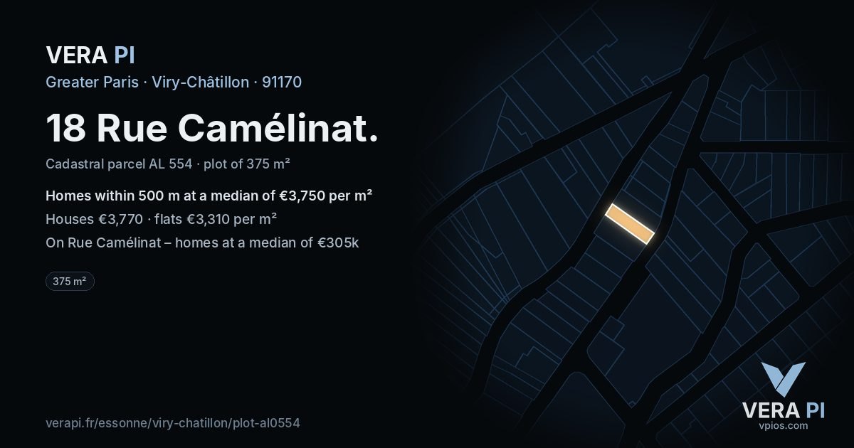 18 Rue Camélinat, Viry-Châtillon at night – the plot lit, the parcels around coloured by the prices near them
