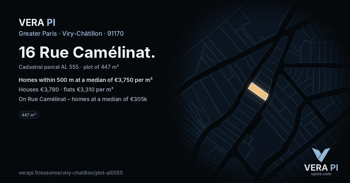 16 Rue Camélinat, Viry-Châtillon at night – the plot lit, the parcels around coloured by the prices near them