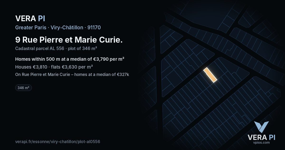 9 Rue Pierre et Marie Curie, Viry-Châtillon at night – the plot lit, the parcels around coloured by the prices near them