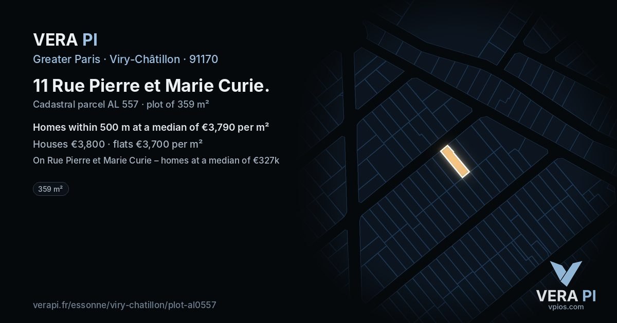 11 Rue Pierre et Marie Curie, Viry-Châtillon at night – the plot lit, the parcels around coloured by the prices near them