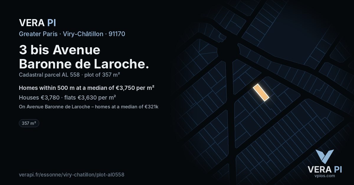 3 bis Avenue Baronne de Laroche, Viry-Châtillon at night – the plot lit, the parcels around coloured by the prices near them