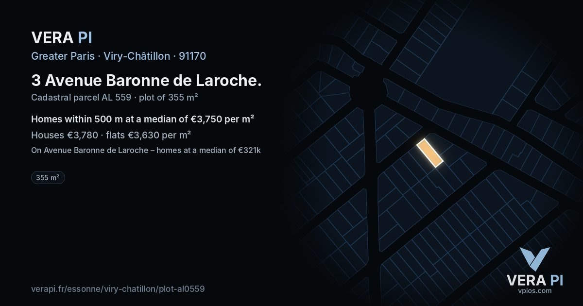 3 Avenue Baronne de Laroche, Viry-Châtillon at night – the plot lit, the parcels around coloured by the prices near them