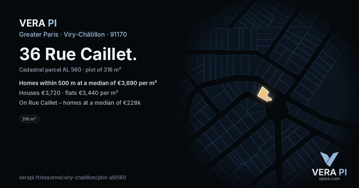 36 Rue Caillet, Viry-Châtillon at night – the plot lit, the parcels around coloured by the prices near them