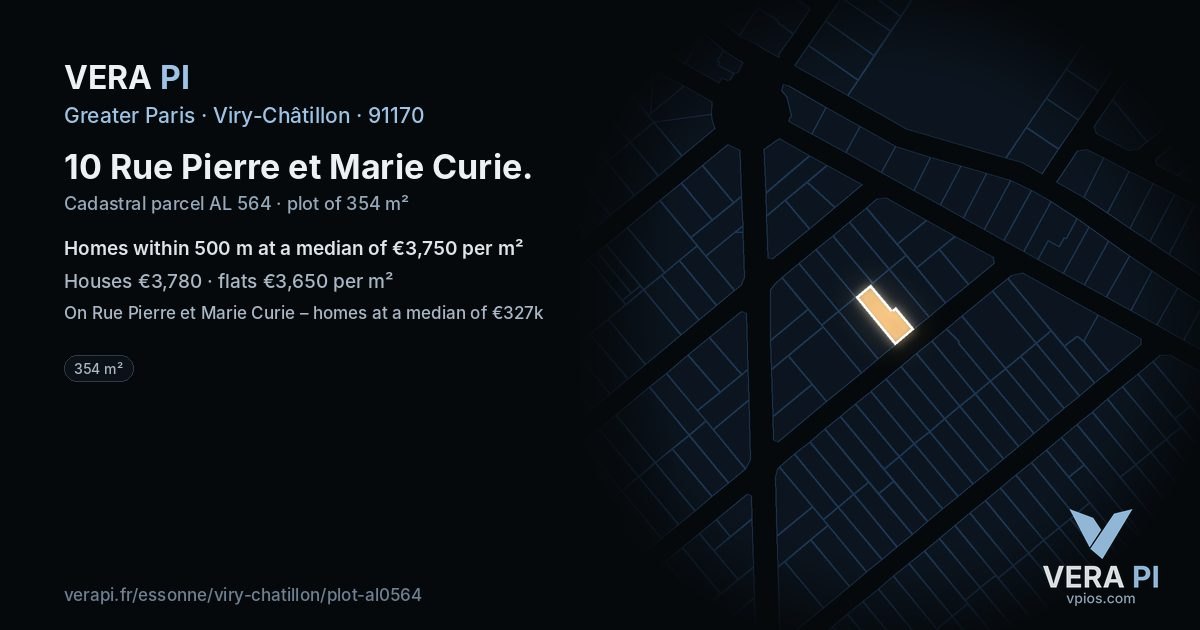 10 Rue Pierre et Marie Curie, Viry-Châtillon at night – the plot lit, the parcels around coloured by the prices near them