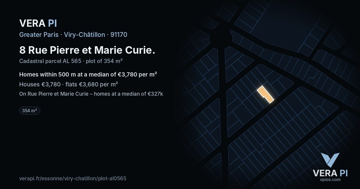 8 Rue Pierre et Marie Curie, Viry-Châtillon at night – the plot lit, the parcels around coloured by the prices near them