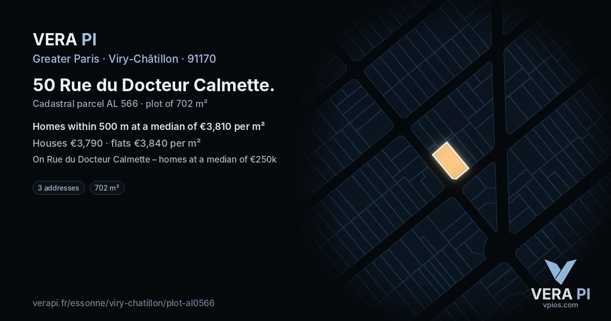50 Rue du Docteur Calmette, Viry-Châtillon at night – the plot lit, the parcels around coloured by the prices near them