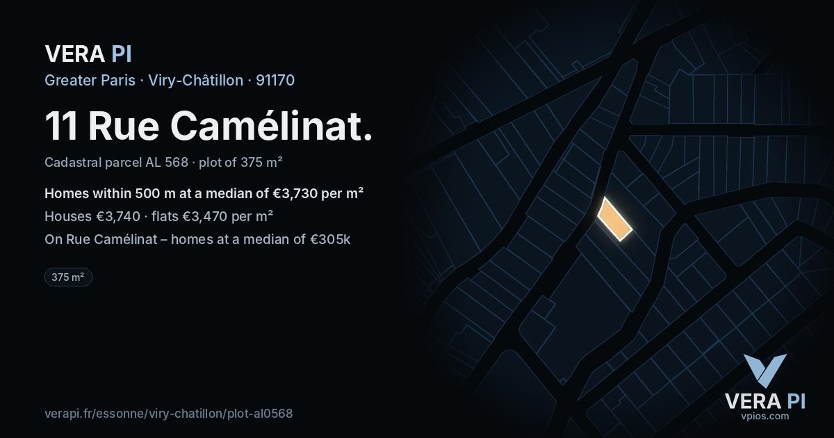 11 Rue Camélinat, Viry-Châtillon at night – the plot lit, the parcels around coloured by the prices near them