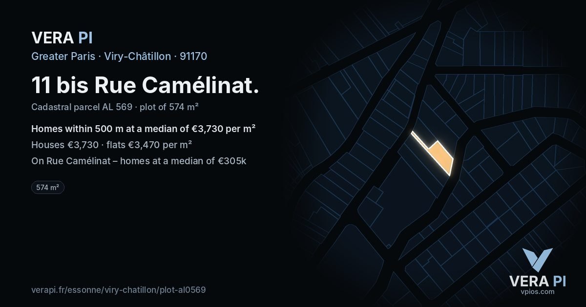 11 bis Rue Camélinat, Viry-Châtillon at night – the plot lit, the parcels around coloured by the prices near them