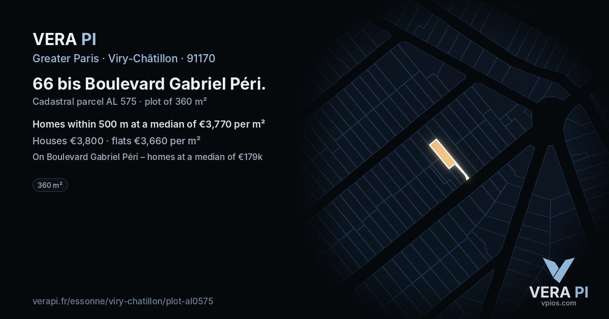 66 bis Boulevard Gabriel Péri, Viry-Châtillon at night – the plot lit, the parcels around coloured by the prices near them