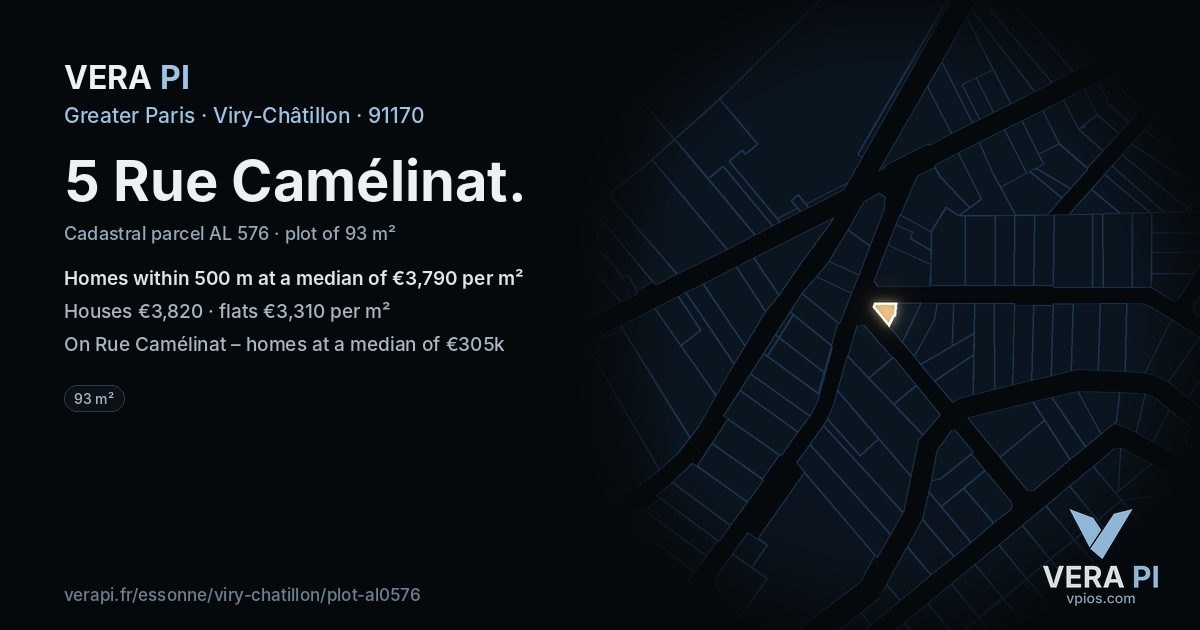 5 Rue Camélinat, Viry-Châtillon at night – the plot lit, the parcels around coloured by the prices near them
