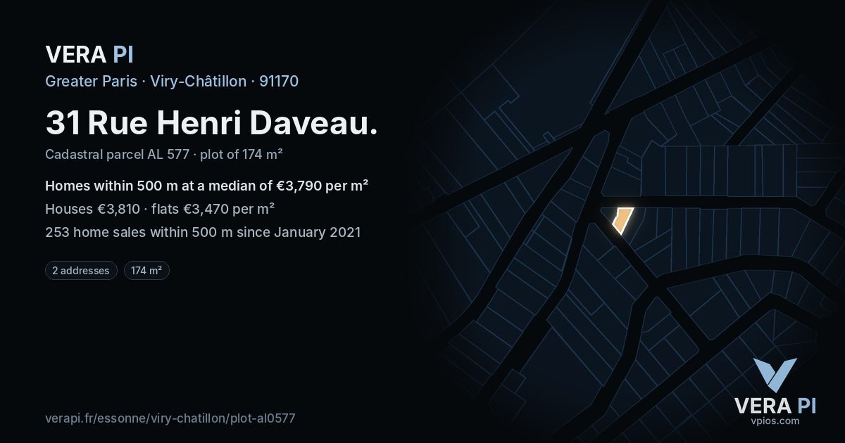 31 Rue Henri Daveau, Viry-Châtillon at night – the plot lit, the parcels around coloured by the prices near them