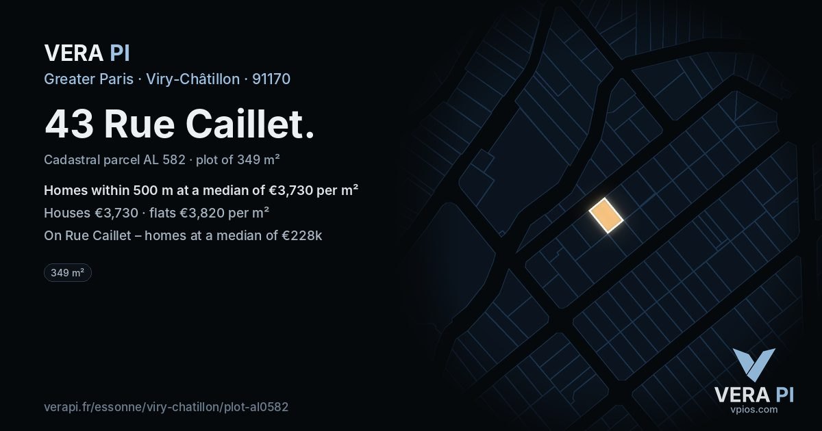 43 Rue Caillet, Viry-Châtillon at night – the plot lit, the parcels around coloured by the prices near them