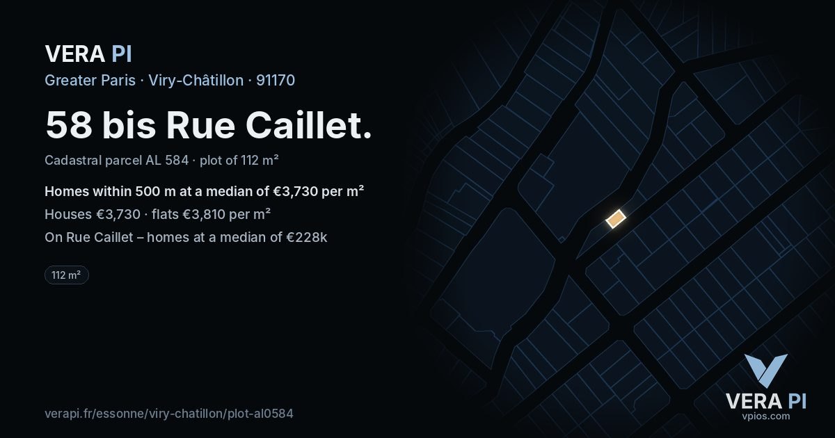 58 bis Rue Caillet, Viry-Châtillon at night – the plot lit, the parcels around coloured by the prices near them