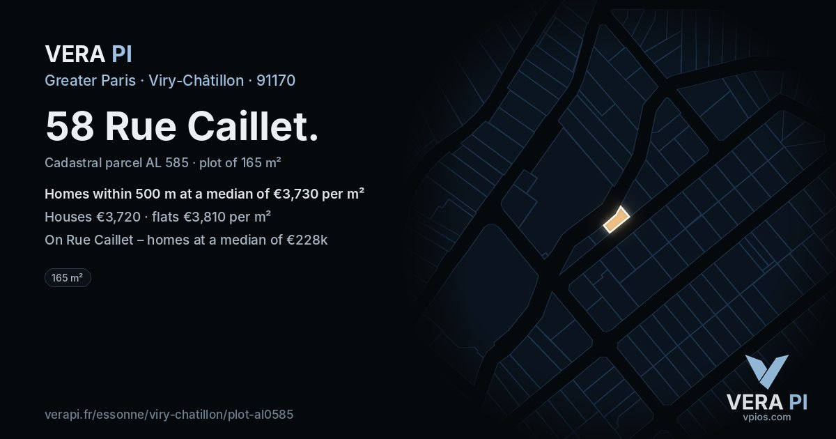58 Rue Caillet, Viry-Châtillon at night – the plot lit, the parcels around coloured by the prices near them