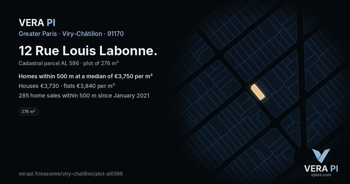 12 Rue Louis Labonne, Viry-Châtillon at night – the plot lit, the parcels around coloured by the prices near them