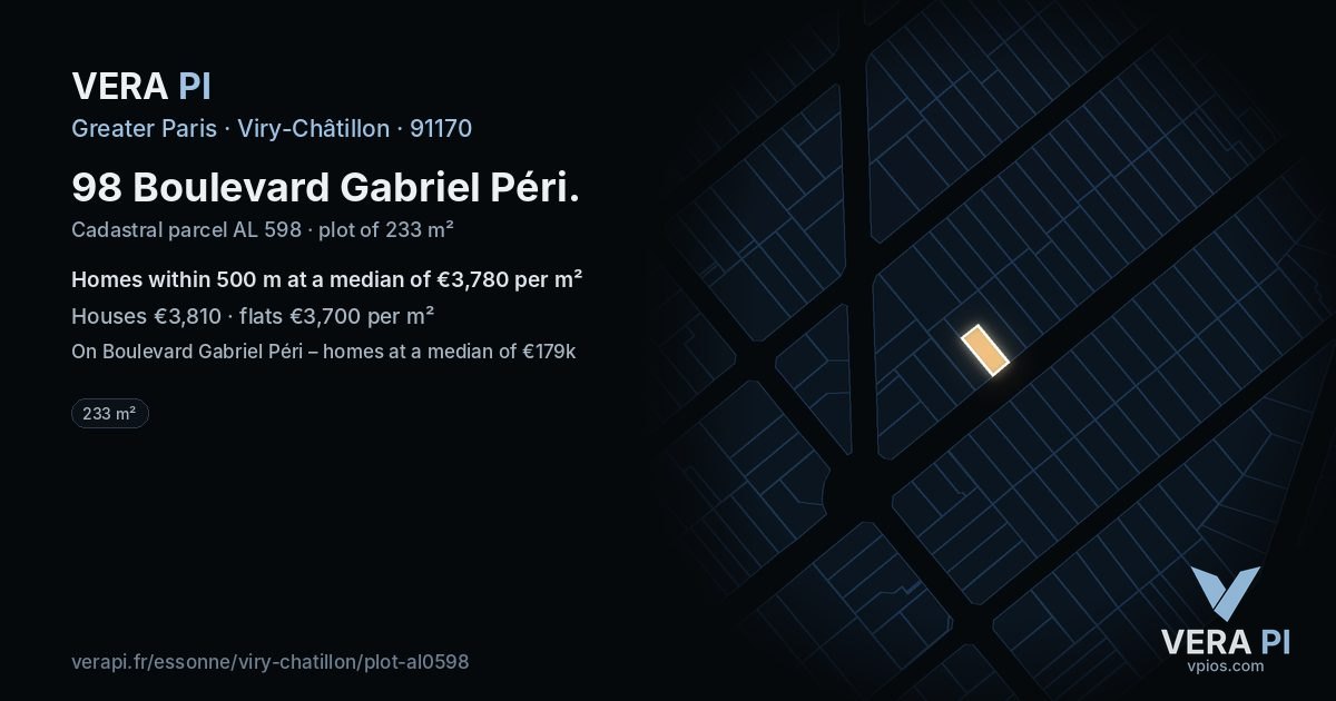 98 Boulevard Gabriel Péri, Viry-Châtillon at night – the plot lit, the parcels around coloured by the prices near them