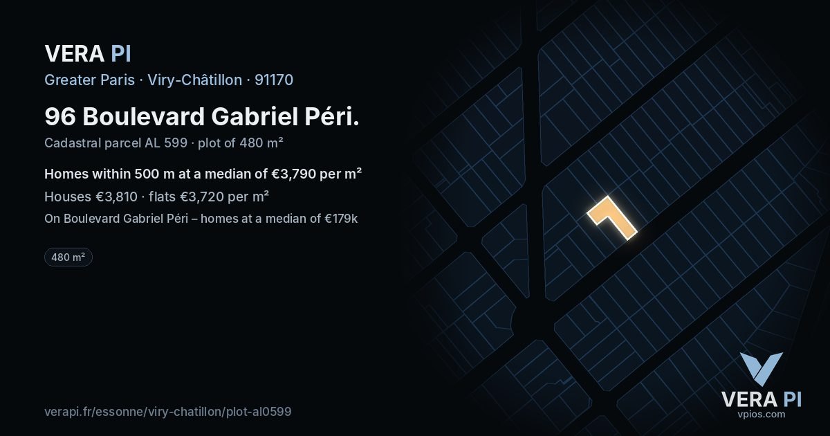 96 Boulevard Gabriel Péri, Viry-Châtillon at night – the plot lit, the parcels around coloured by the prices near them