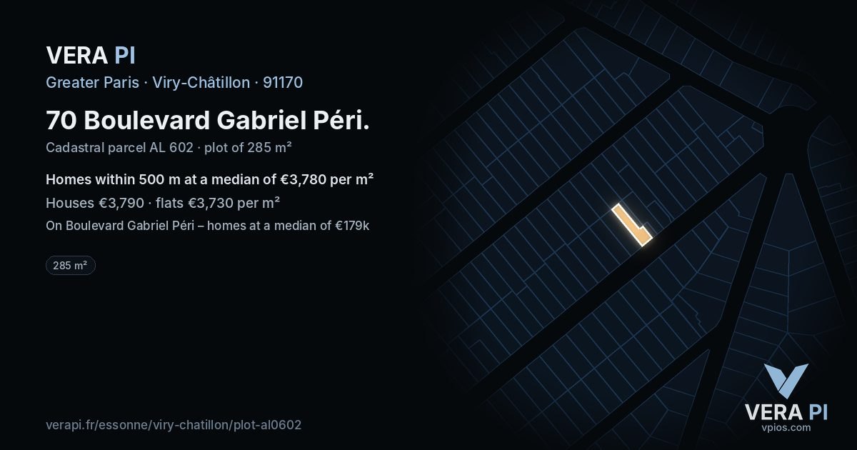 70 Boulevard Gabriel Péri, Viry-Châtillon at night – the plot lit, the parcels around coloured by the prices near them