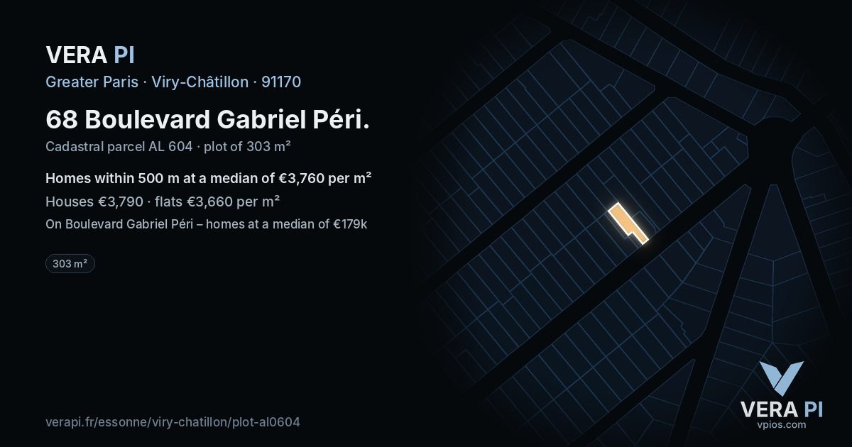68 Boulevard Gabriel Péri, Viry-Châtillon at night – the plot lit, the parcels around coloured by the prices near them