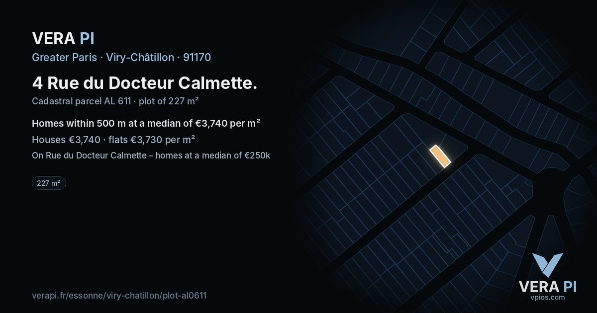 4 Rue du Docteur Calmette, Viry-Châtillon at night – the plot lit, the parcels around coloured by the prices near them
