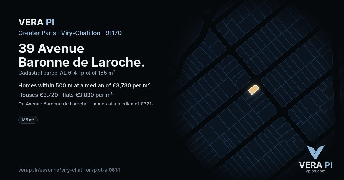39 Avenue Baronne de Laroche, Viry-Châtillon at night – the plot lit, the parcels around coloured by the prices near them