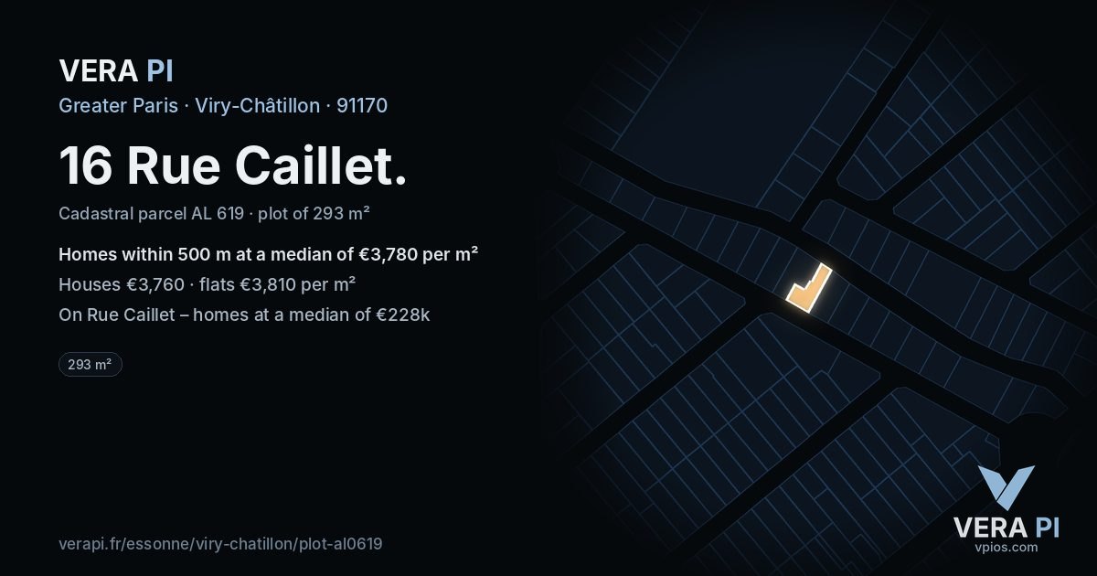 16 Rue Caillet, Viry-Châtillon at night – the plot lit, the parcels around coloured by the prices near them