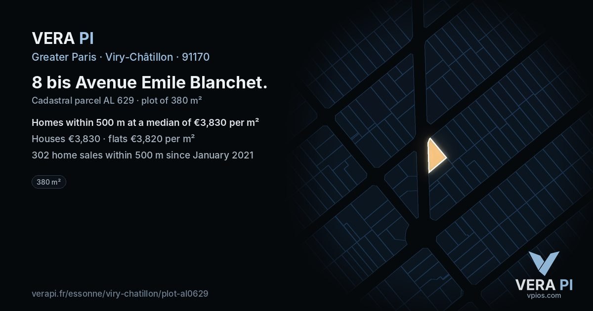8 bis Avenue Emile Blanchet, Viry-Châtillon at night – the plot lit, the parcels around coloured by the prices near them