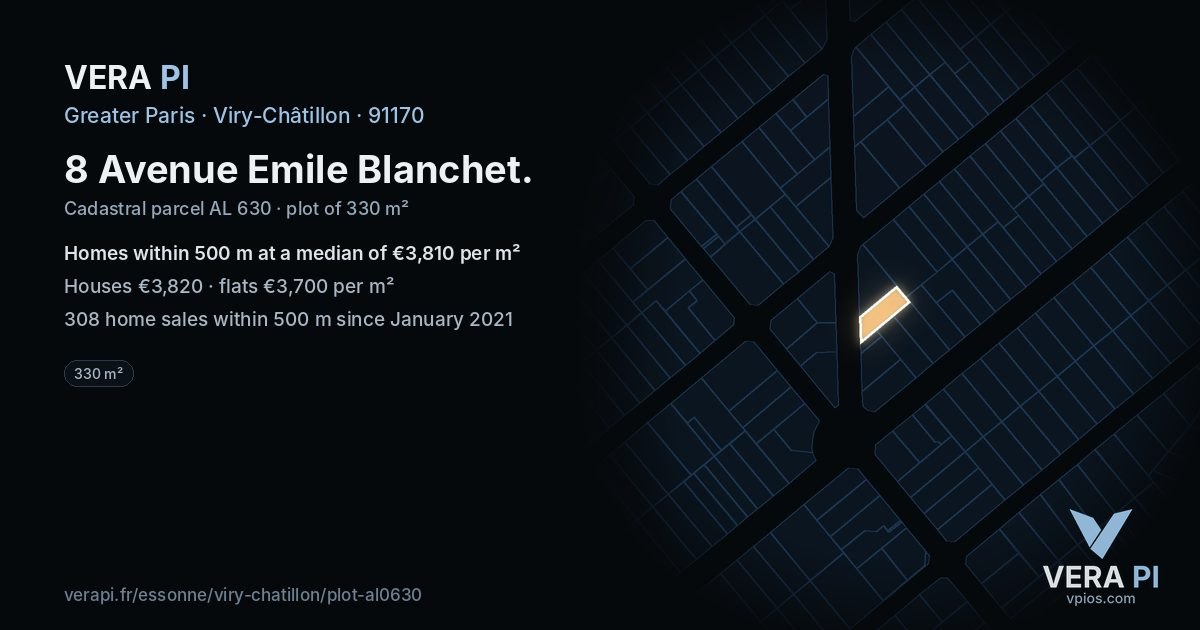 8 Avenue Emile Blanchet, Viry-Châtillon at night – the plot lit, the parcels around coloured by the prices near them