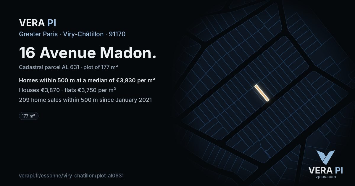 16 Avenue Madon, Viry-Châtillon at night – the plot lit, the parcels around coloured by the prices near them