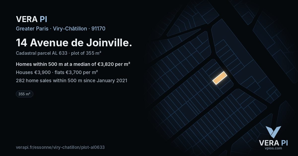 14 Avenue de Joinville, Viry-Châtillon at night – the plot lit, the parcels around coloured by the prices near them