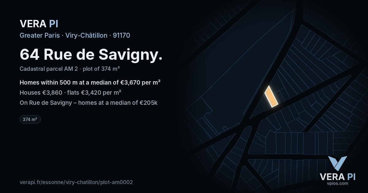 64 Rue de Savigny, Viry-Châtillon at night – the plot lit, the parcels around coloured by the prices near them