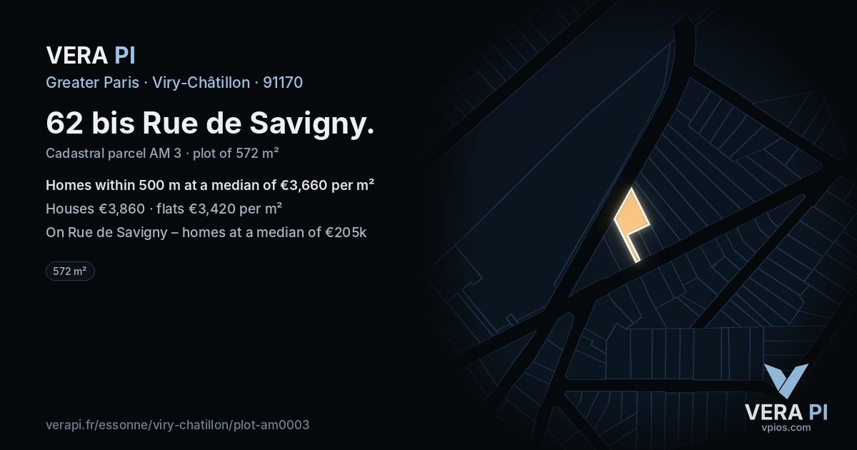62 bis Rue de Savigny, Viry-Châtillon at night – the plot lit, the parcels around coloured by the prices near them