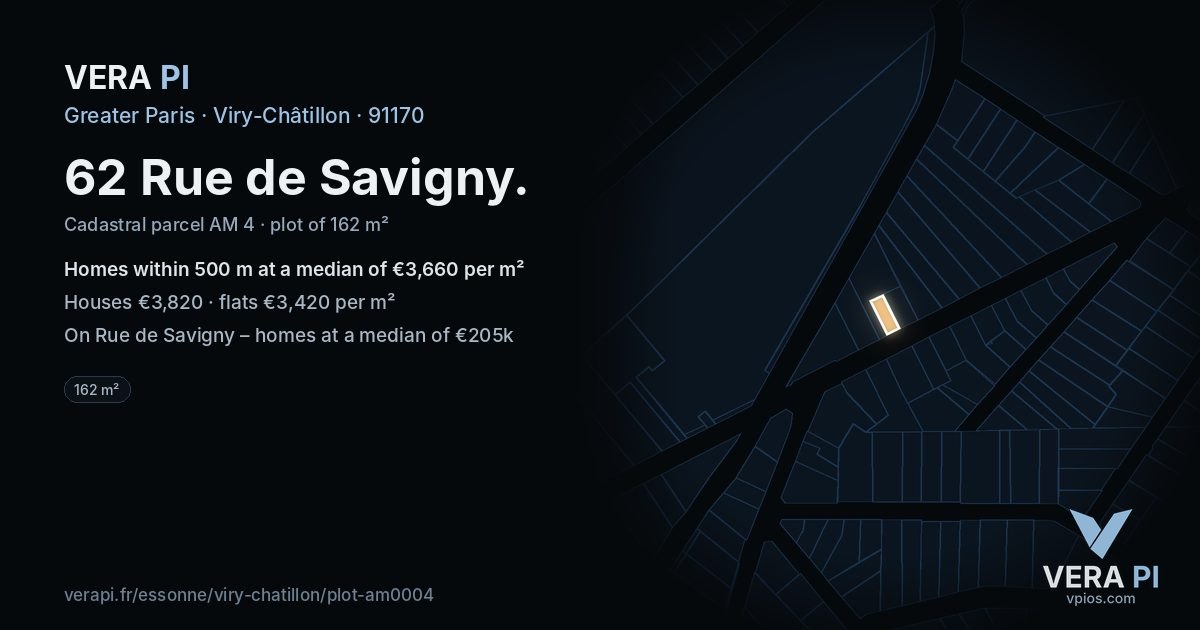 62 Rue de Savigny, Viry-Châtillon at night – the plot lit, the parcels around coloured by the prices near them