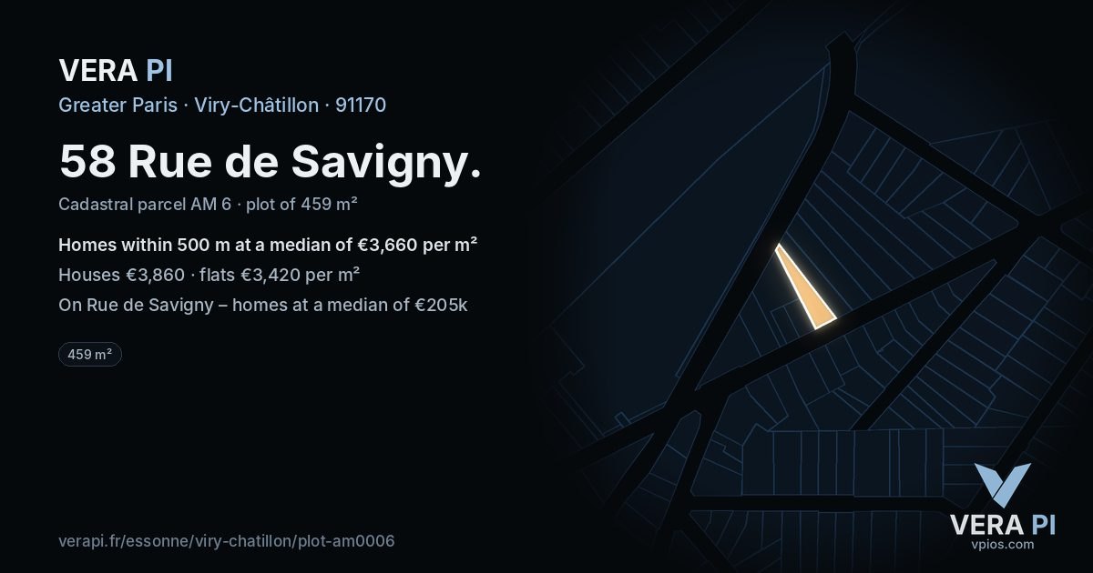 58 Rue de Savigny, Viry-Châtillon at night – the plot lit, the parcels around coloured by the prices near them